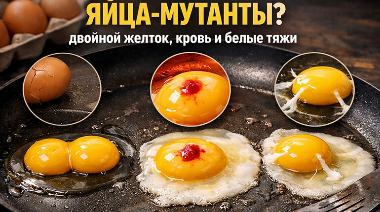 двойной желток, кровь внутри и белые тяжи в яйцах