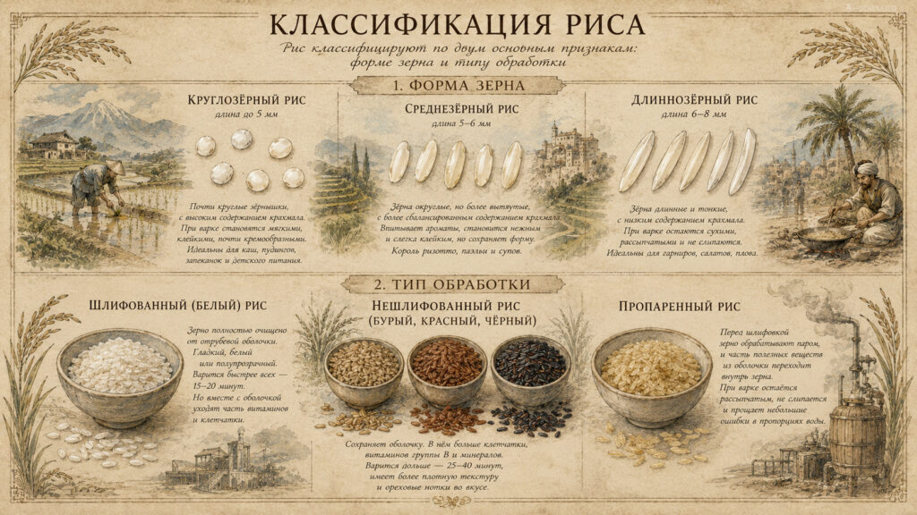 Классификация риса: форма риса, тип обработки риса
