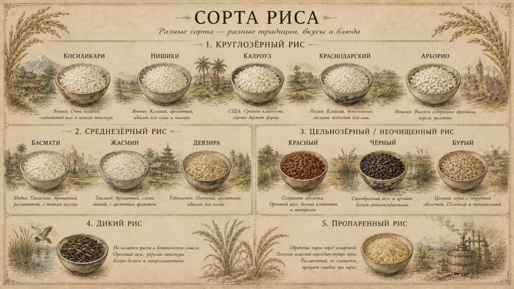 Сорта риса: круглозёрный, среднезёрный, цельнозёрный, дикий рис, пропаренный рис